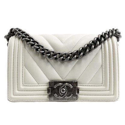 Chanel Boy New Chevron Quilted White Shoulder Bag Mini