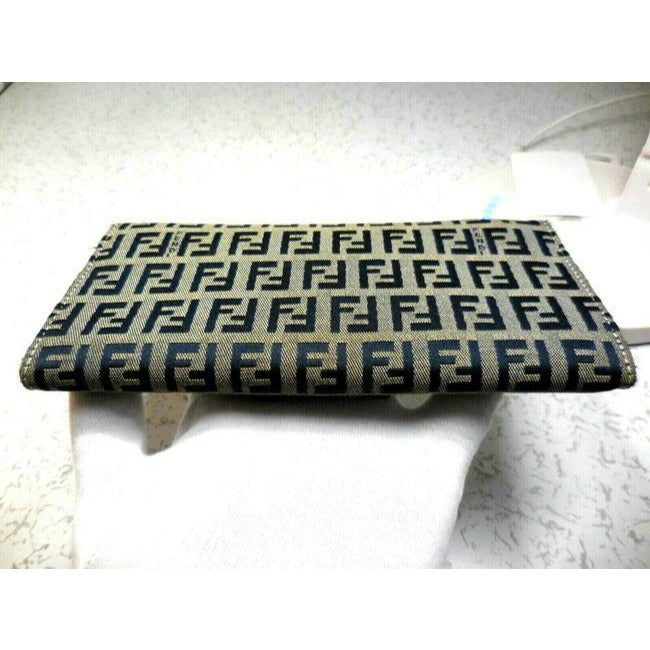 Fendi Navy Grey Small F Logo Print Xl Zucchino With Bold Ff Chrome Clasp Wallet