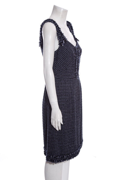 Chanel Navy Tweed Sleeveless Knee Length Dress SZ 40