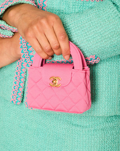 *RARE* Chanel Pink Nano Mini Kelly Bag in Pink Quilted Jersey with Brushed Antique Gold Hardware