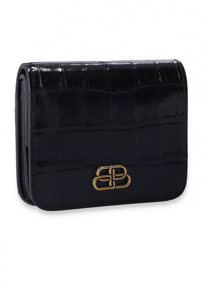 Balenciaga Black Calf Leather Crocodile Embossed Mini Wallet 601474