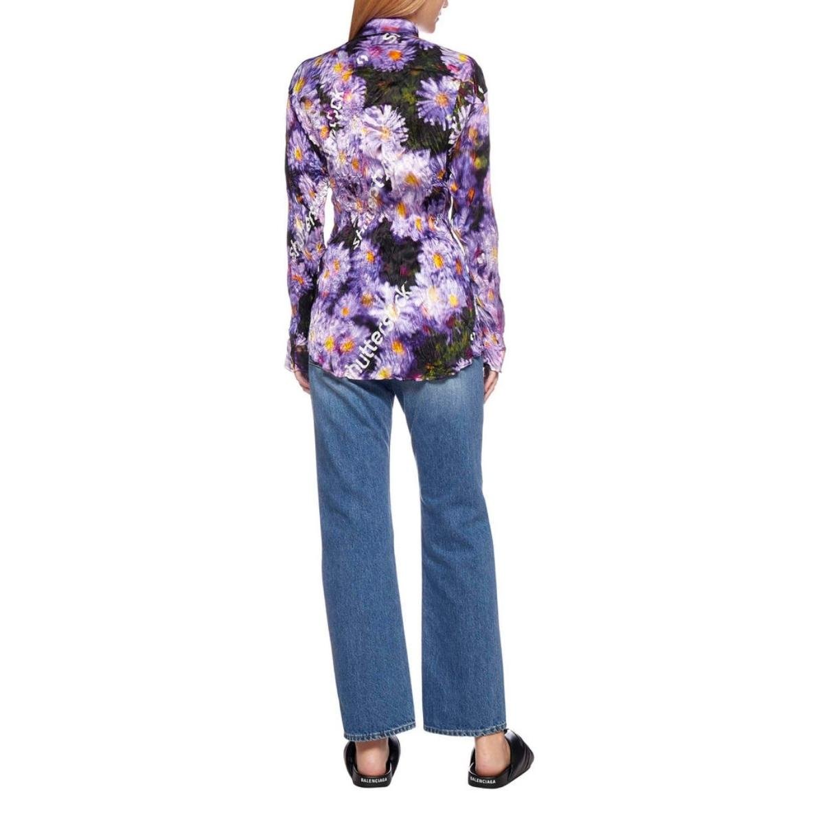 Floral Printed Crinkled Effect Silk Shirt