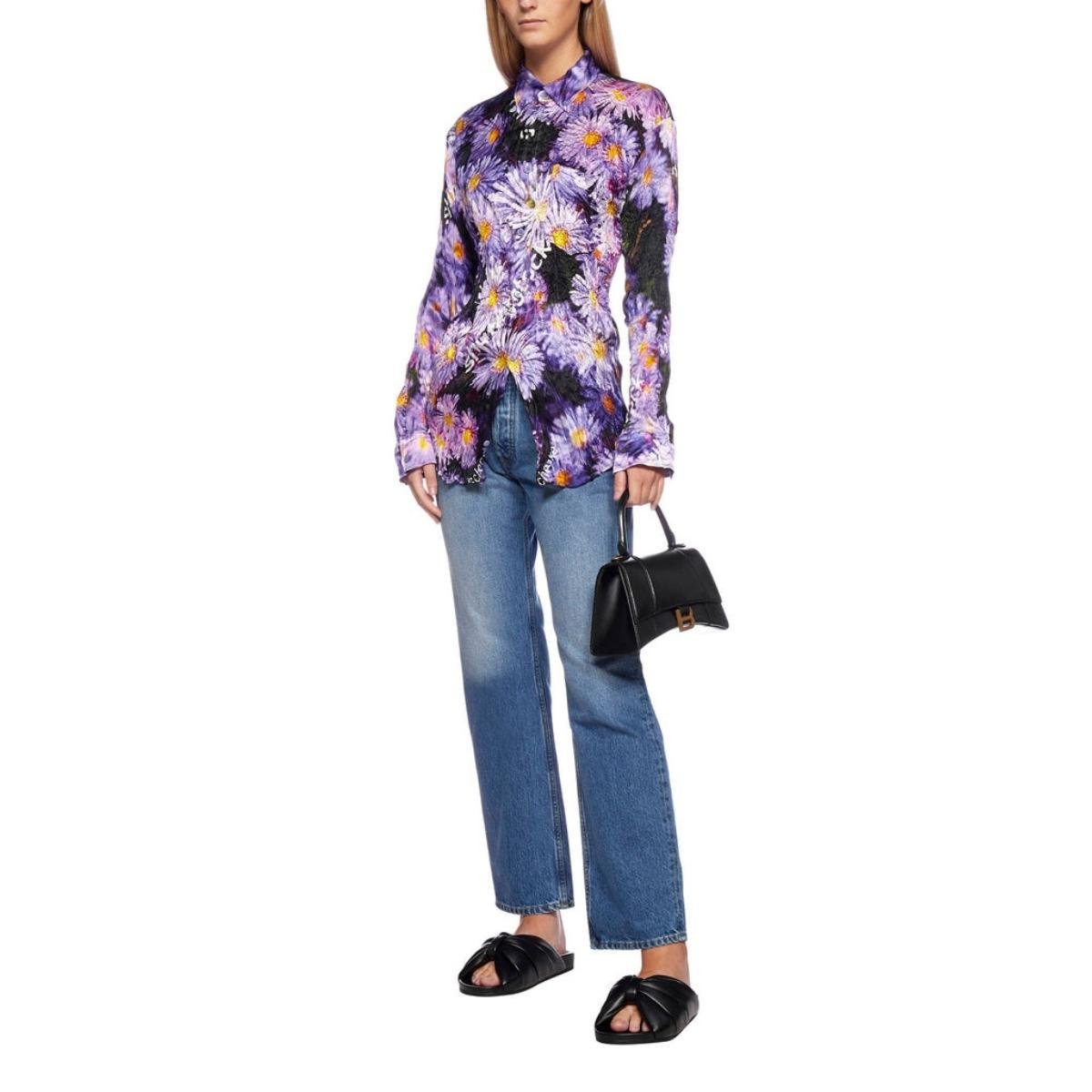 Floral Printed Crinkled Effect Silk Shirt