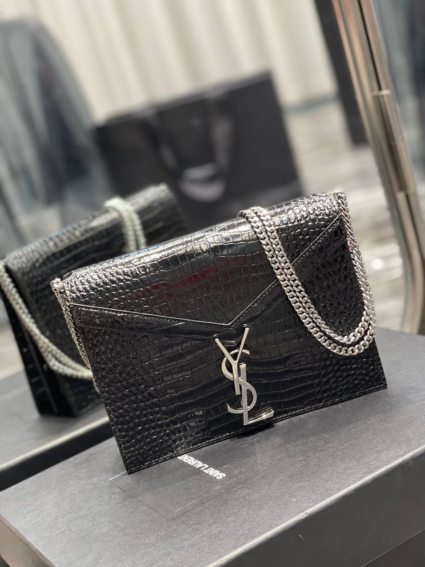 Yves Saint Laurent Cassandra Medium Chain Bag Black  8.6in/22cm