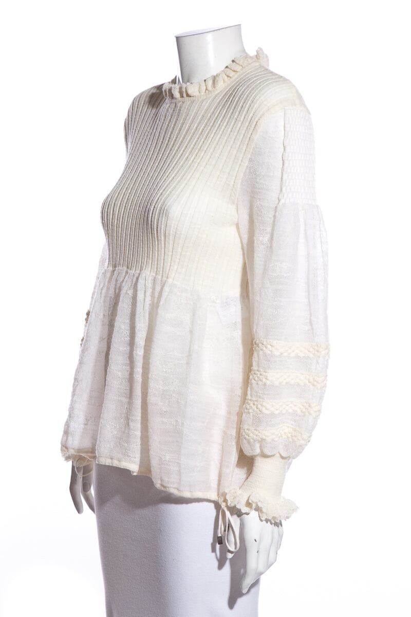 Chanel Ivory Lace Pattern Sleeves Ribbed Blouse SZ 42