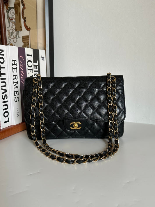 CHANEL Caviar Quilted Jumbo Double Flap Black #QIEE