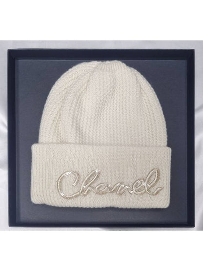 Logo Cashmere Beanie White Chanel