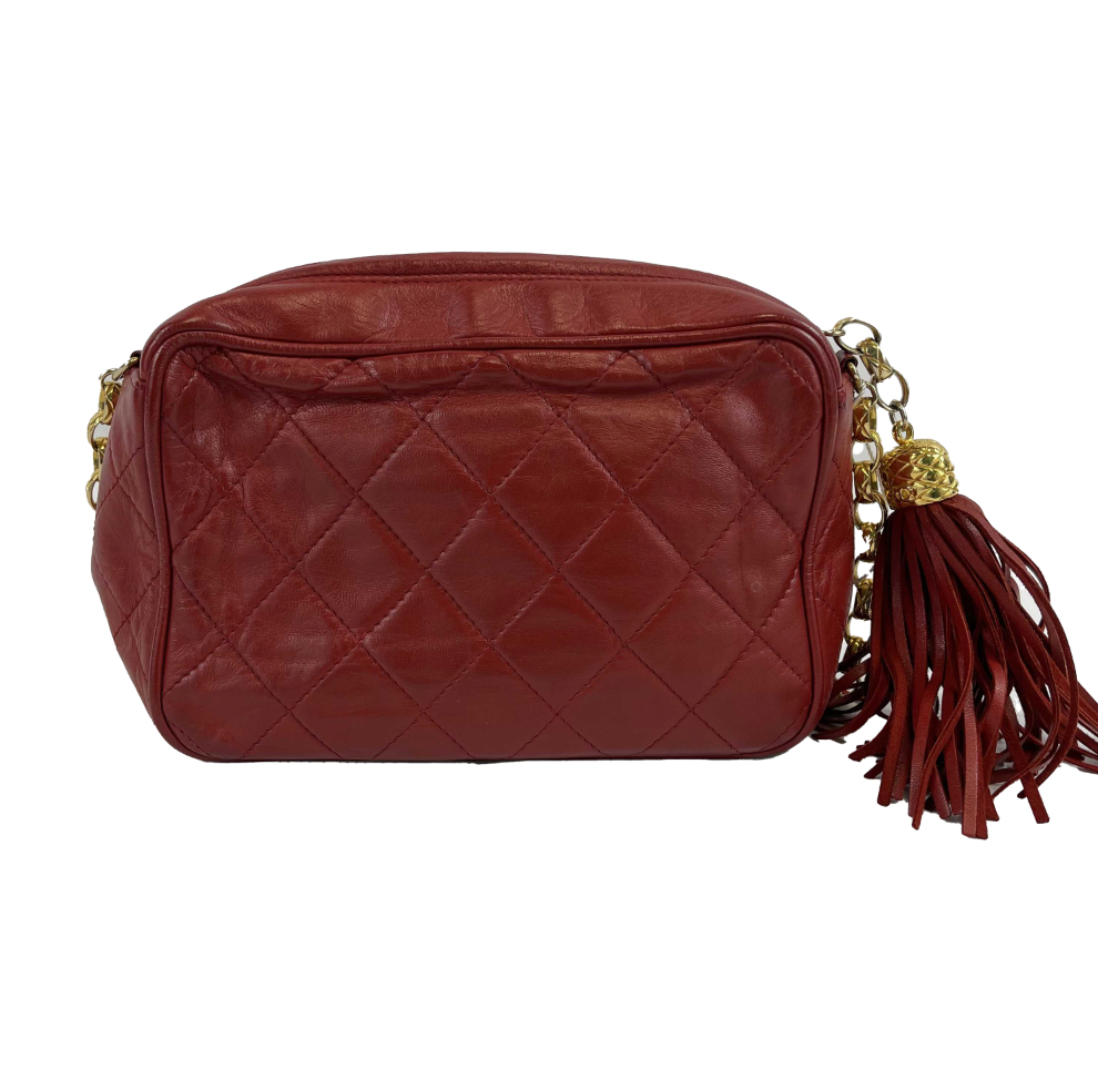 CHANEL Vintage CC Red Lambskin Gold Chain Tassel Camera Bag Crossbody