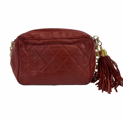 CHANEL Vintage CC Red Lambskin Gold Chain Tassel Camera Bag Crossbody