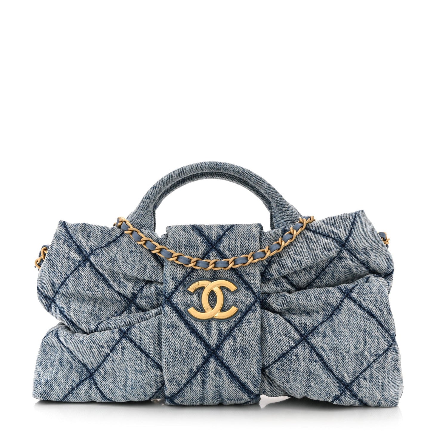 Washed Denim Quilted Mini Bow Bag Blue