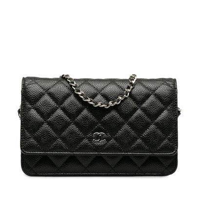 Chanel Matrases Coco  Chain Shoulder Wallet Black Caviar S  CHANEL