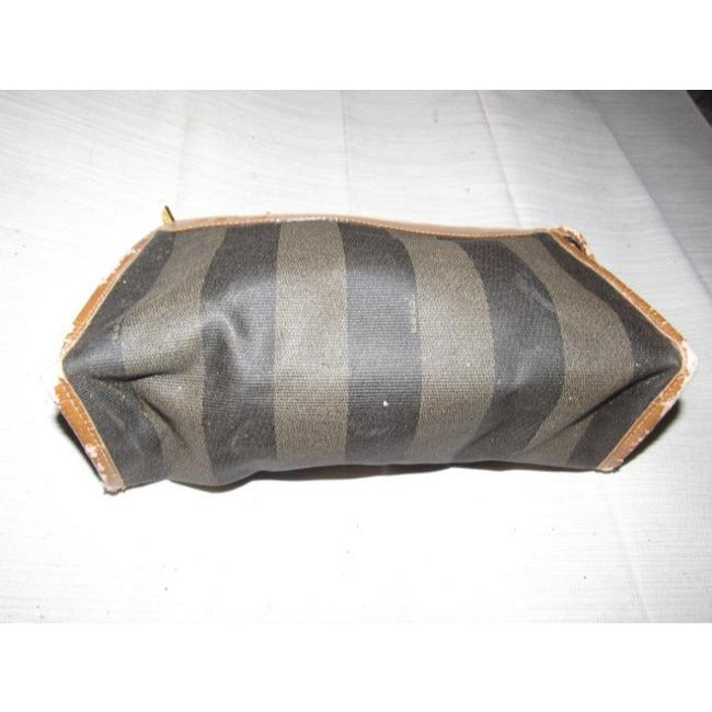 Fendi Pequin Stripe Print Coated Canvas And Camel Leather Clutch