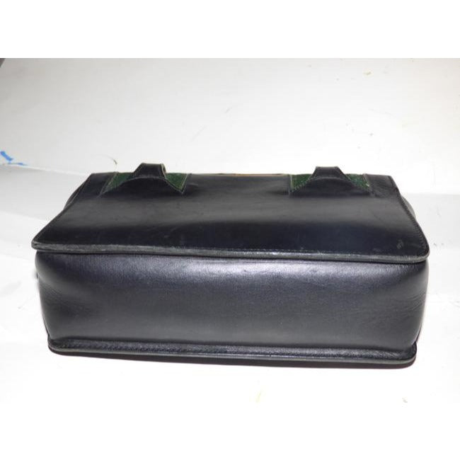 Gucci Black Leather Lunch-box Satchel w Bamboo Handle & Red & Green Stripes