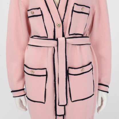Chanel Pink & Navy Cashmere Knit Belted Long Sleeve Dress FR 40