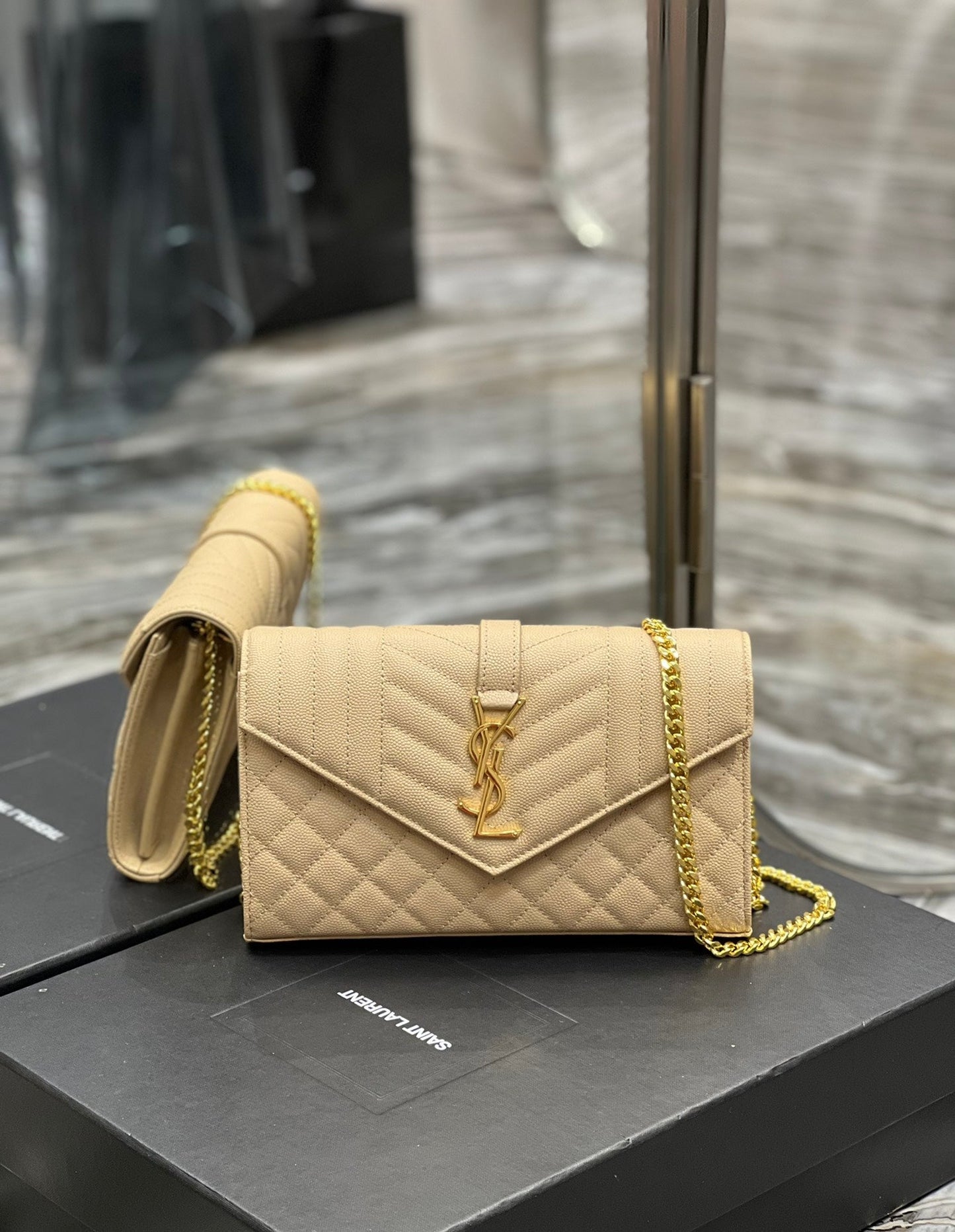 YSSL Envelope Small Chain Bag Beige For Women, Women&#8217;s Bags 8.6in/22cm YSL