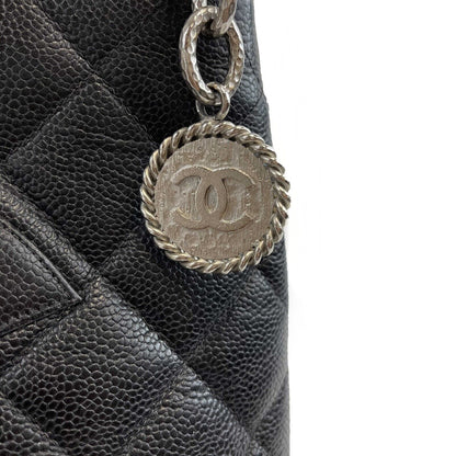 CHANEL CC Medallion Black Diamond Quilted Caviar Leather Tote / Shoulder Bag