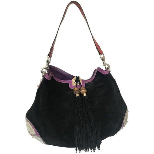 Gucci Black W Purple & Red Suede And Leather Indy Xl Hobo Bucket Bag