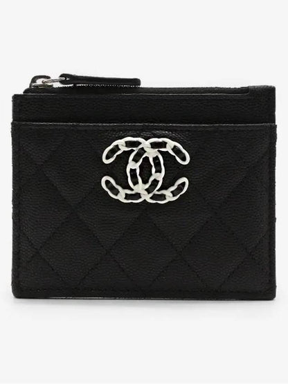 CC Logo Zipper Leather Card Wallet Black Chanel