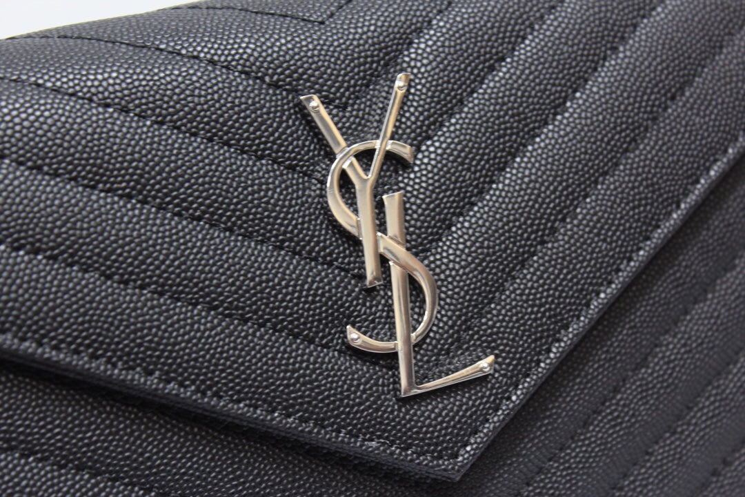 Yves Saint Laurent Cassandre Matelassé Chain Wallet In Grain De Poudre Embossed Black