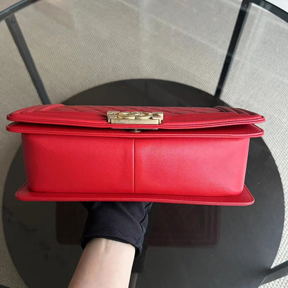 Le Boy Old Medium 25CM Quilted Lambskin Red Leboy Golden Hardware Series 21