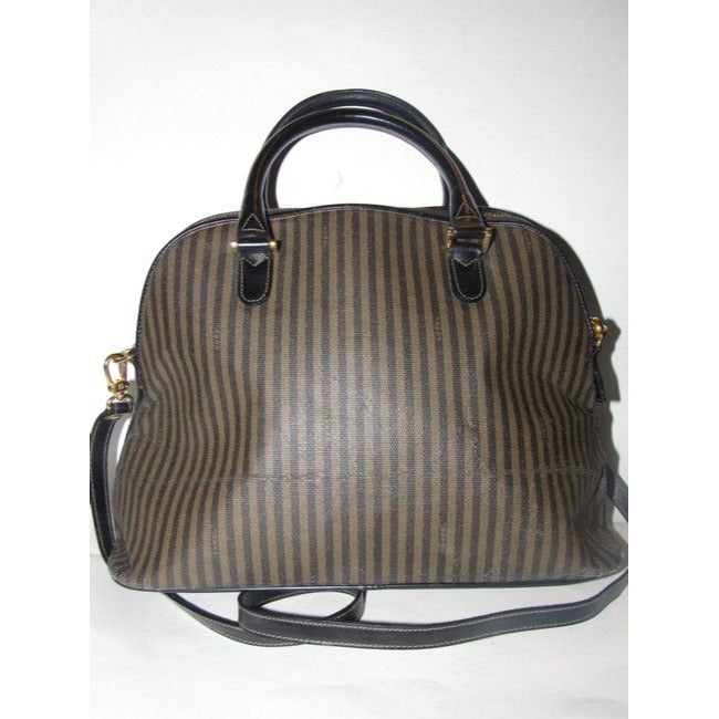 Fendi Xl Canvasleather Domed Top Two Way Brownblack Thin Stripe Print Leather And Coated Canvas Satc