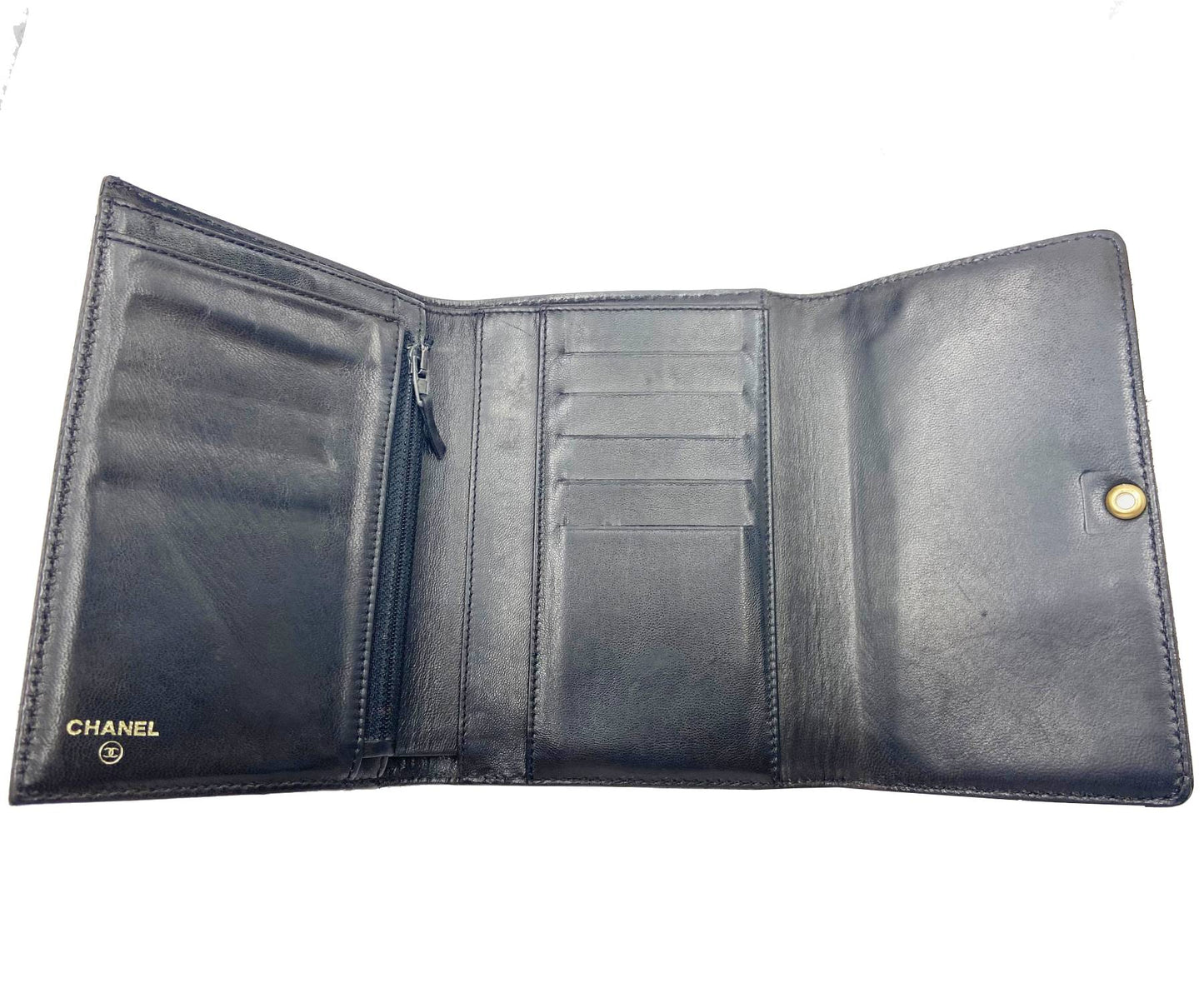 CHANEL Gold CC Black Caviar Tri-Fold Wallet