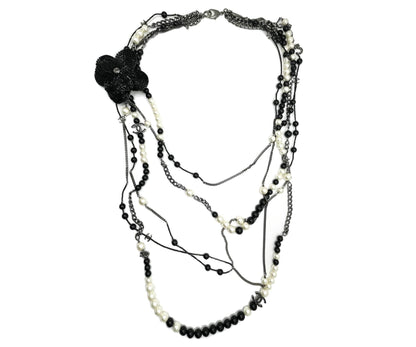 Chanel Black CC Beaded Flower Pin Black Bead Pearl  Strand Necklace