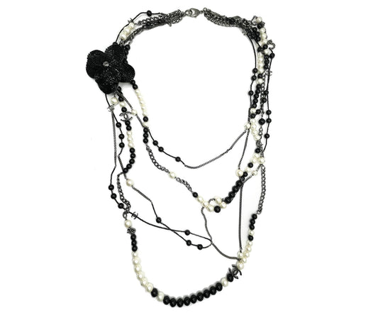 Chanel Black CC Beaded Flower Pin Black Bead Pearl  Strand Necklace