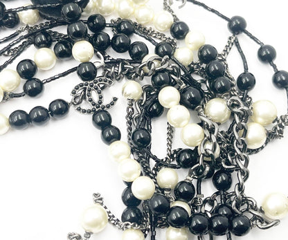 Chanel Black CC Beaded Flower Pin Black Bead Pearl  Strand Necklace