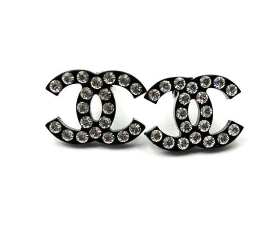 Chanel Black CC Crystal Large Clip on Earrings