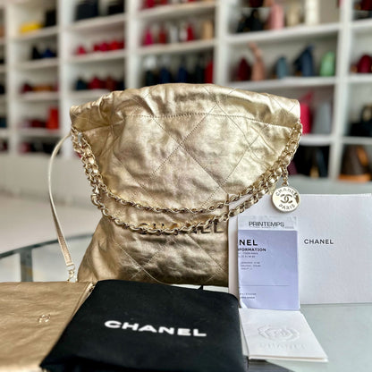 *Brand New, Receipt, Microchip* C22 Small Hobo 22 Bag Gold Calfskin GHW