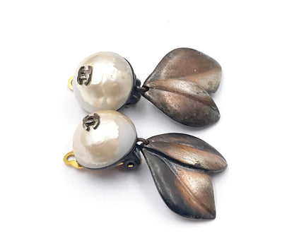 Chanel Bronze CC Faux Pearl Leaves Clip on Earrings