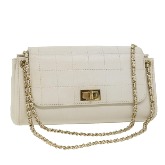 Chanel Choco Bar line Chain Shoulder Bag Leather White CC Auth bs