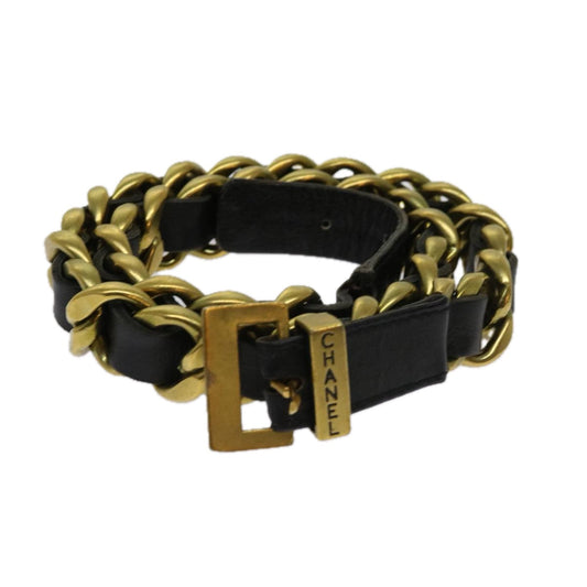 Chanel Belt Leather ."-." Gold Tone Black CC Auth bs