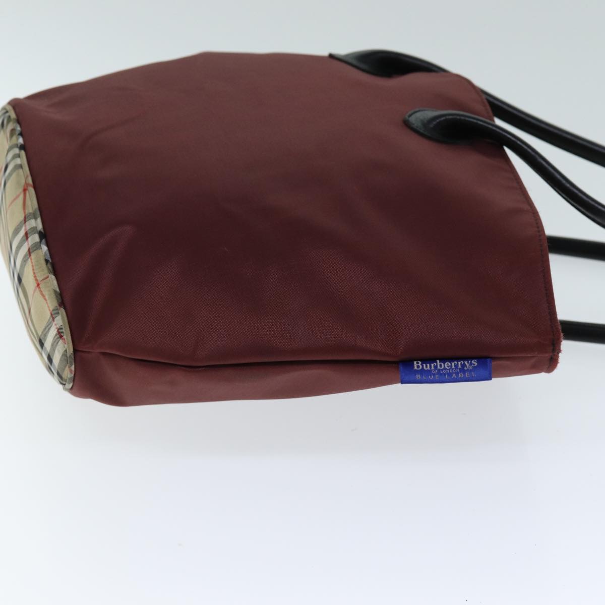 BurberrySs Nova Check Blue Label Tote Bag Nylon Beige Bordeaux Auth bs14390
