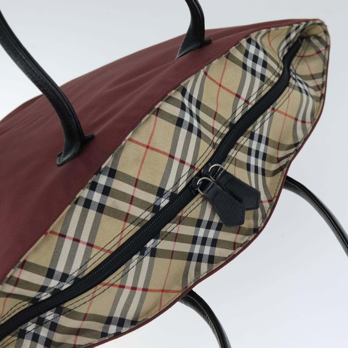 BurberrySs Nova Check Blue Label Tote Bag Nylon Beige Bordeaux Auth bs14390