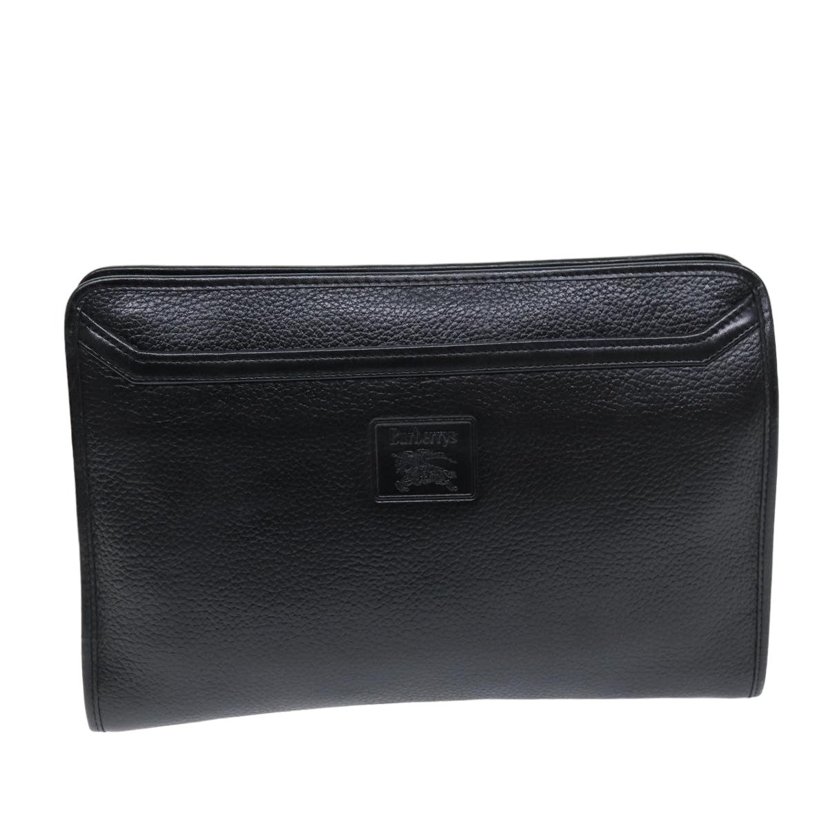 BurberrySs Clutch Bag Leather Black Auth bs14646