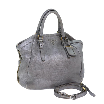 PRADA Hand Bag Leather 2way Silver Auth bs15822