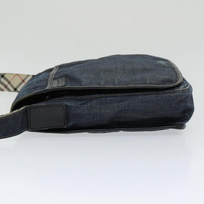 BURBERRY Nova Check Blue Label Shoulder Bag Denim Navy Beige Silver Auth bs16582