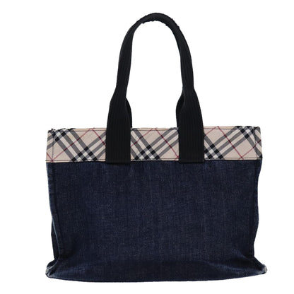BURBERRY Nova Check Blue Label Tote Bag Denim Beige Navy Silver Auth bs16584