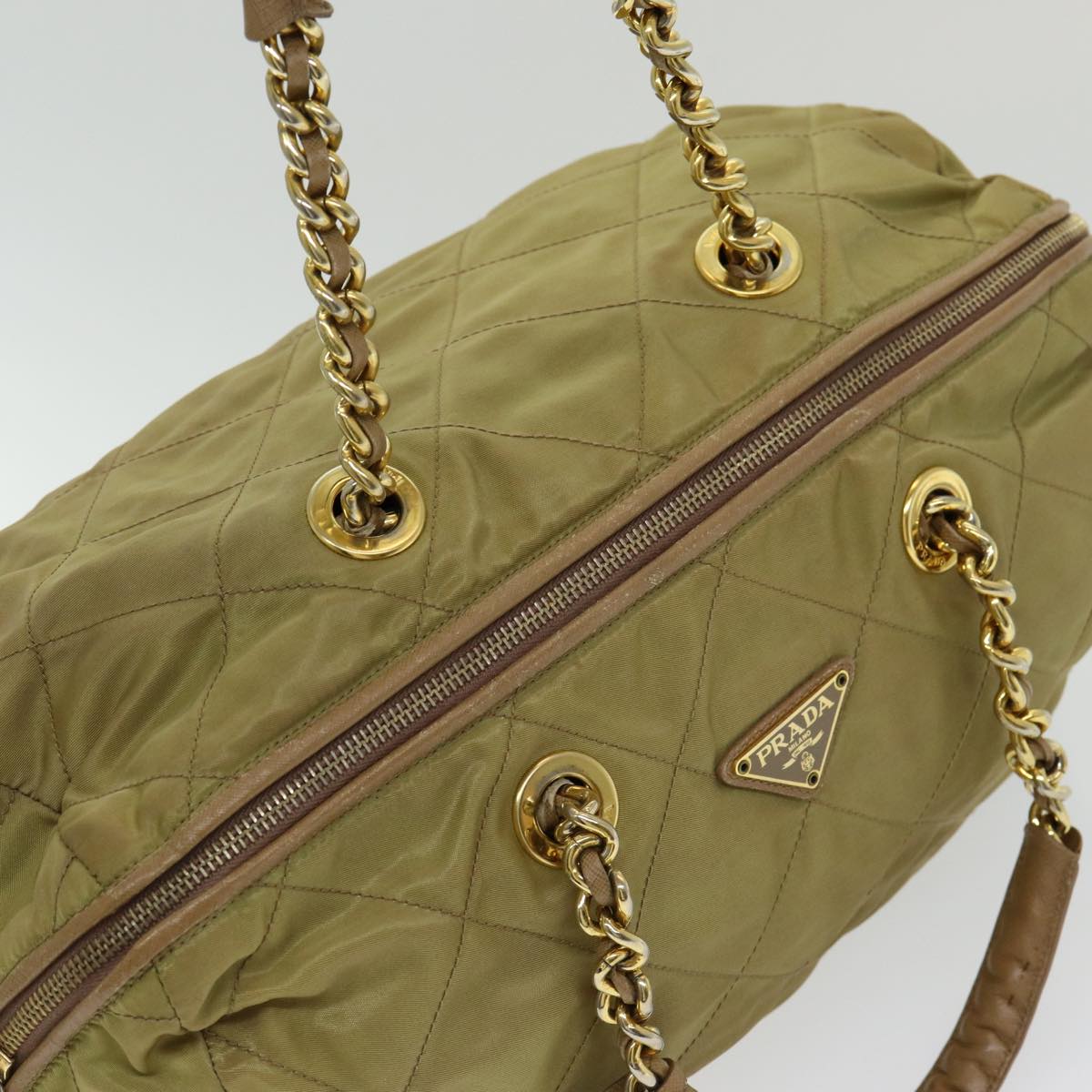 PRADA Chain Hand Bag Nylon Beige Gold Auth bs16747