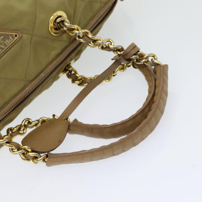 PRADA Chain Hand Bag Nylon Beige Gold Auth bs16747