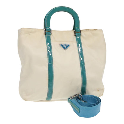 PRADA Hand Bag Nylon 2way White Turquoise Blue Auth bs16826