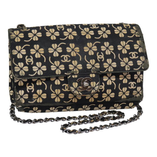 Chanel Clover Turn Lock Chain Shoulder Bag Canvas Black Silver CC Auth bs