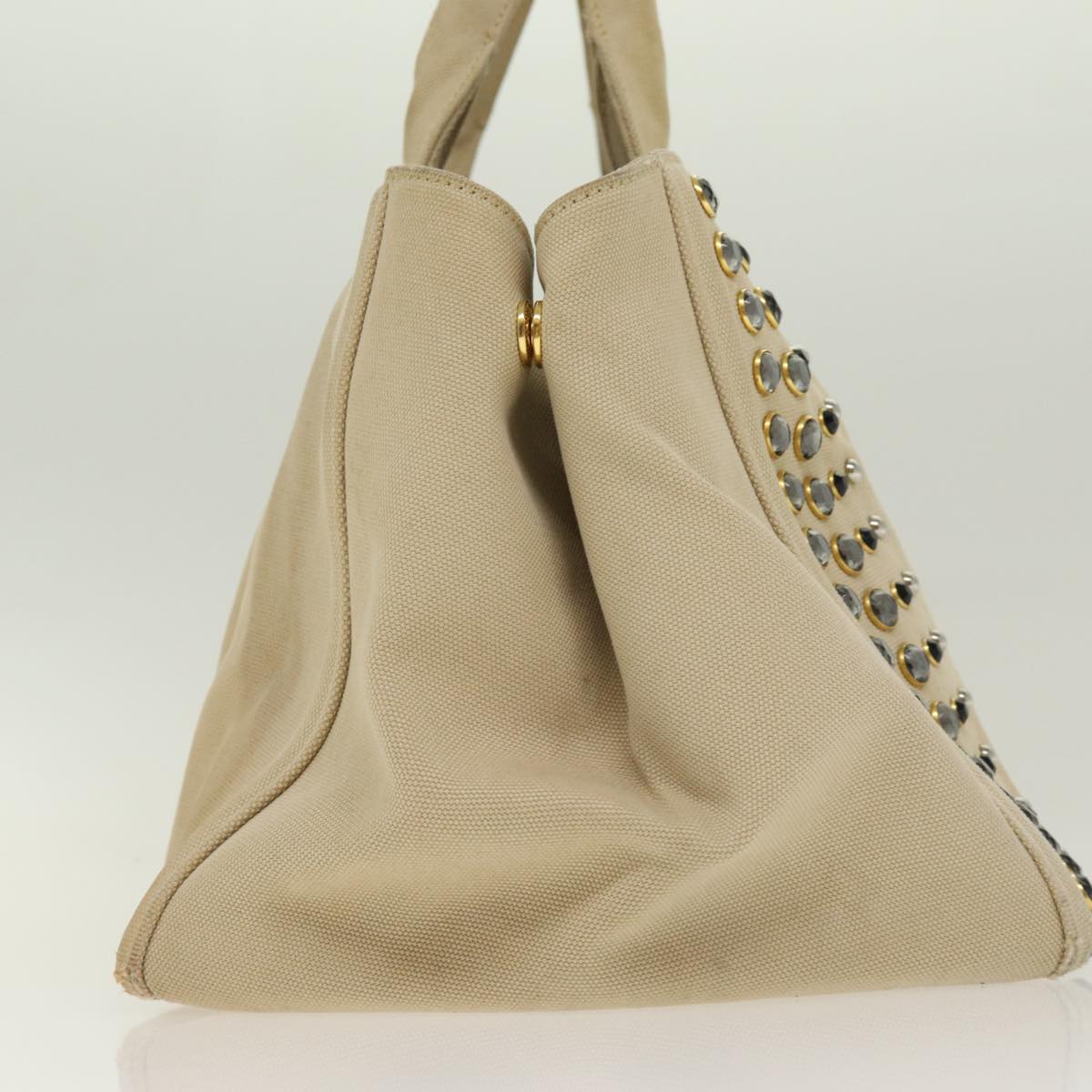 PRADA Canapa MM Hand Bag Canvas Beige Gold Auth bs17210