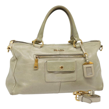 PRADA Hand Bag Leather 2way Gray Gold Auth bs17213