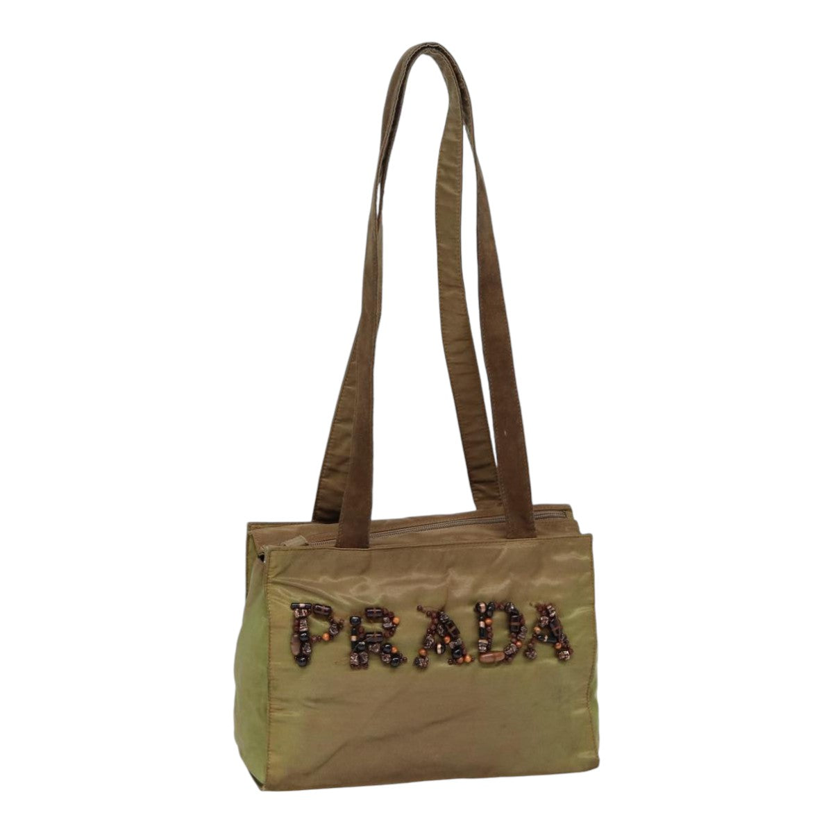 PRADA Shoulder Bag Nylon Khaki Silver Auth bs17238