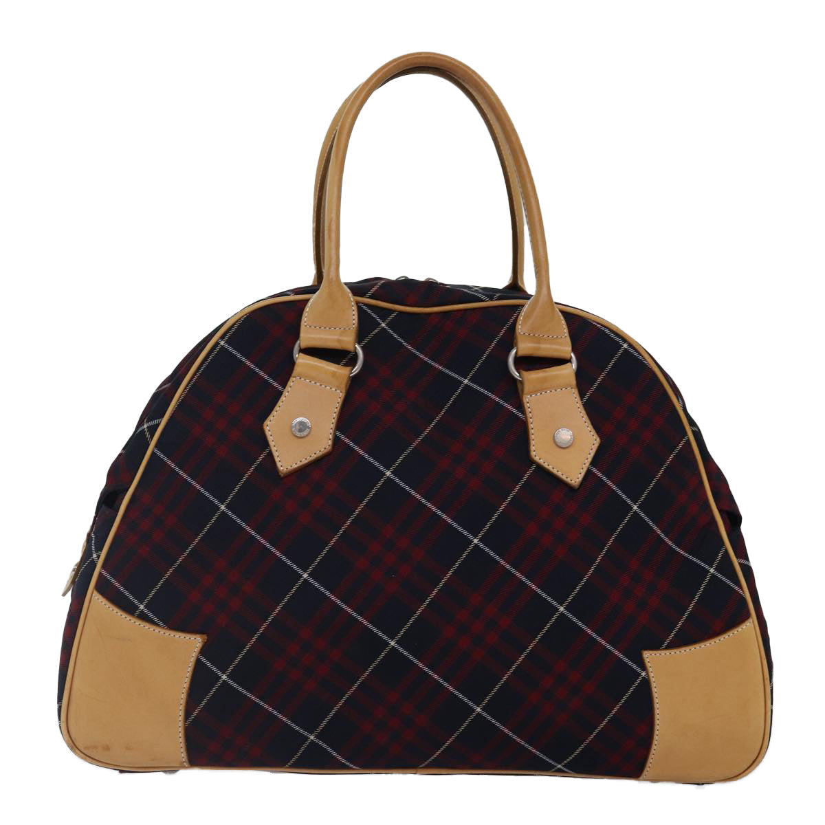 BURBERRY Nova Check Blue Label Boston Bag Nylon 2way Red Silver Auth bs17300