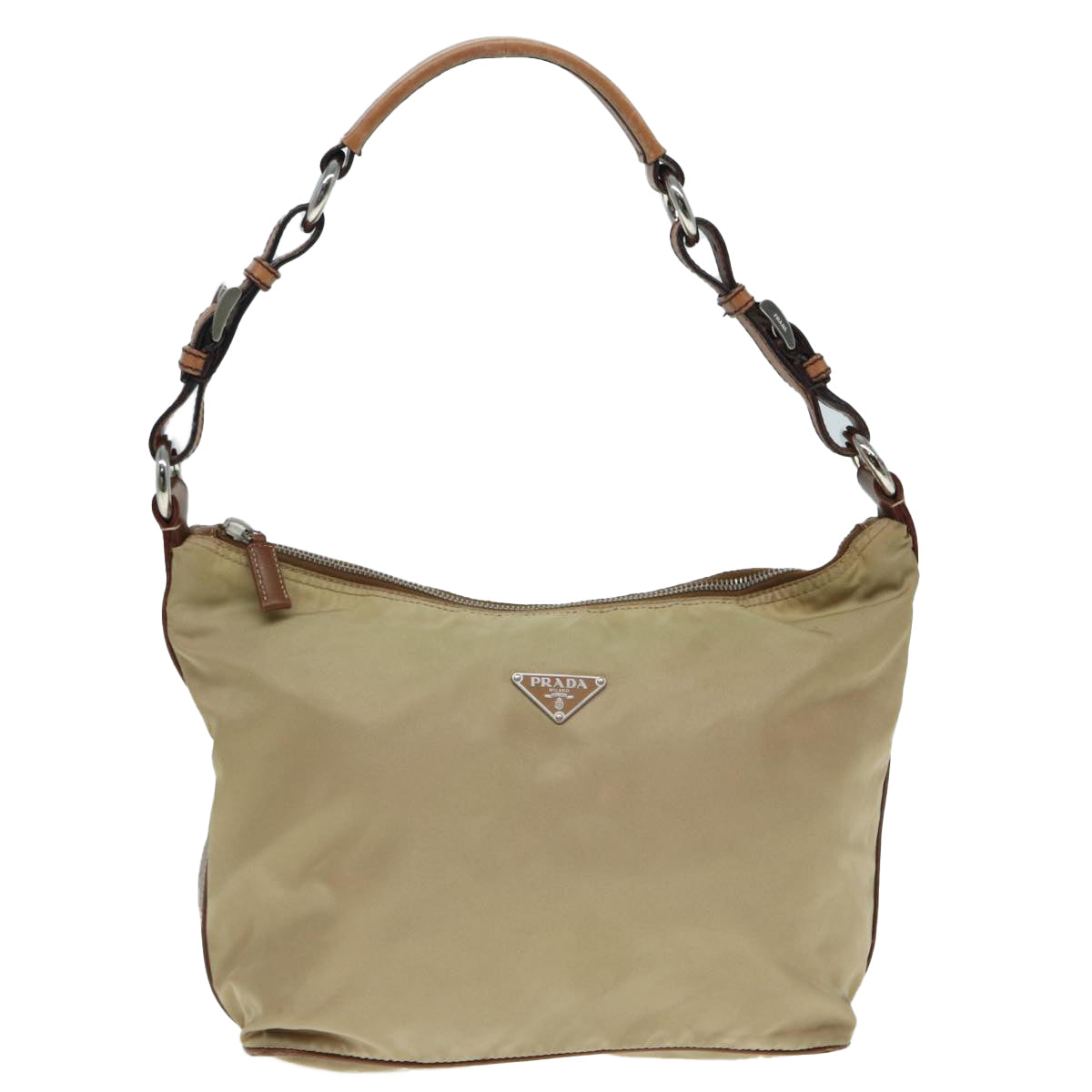 PRADA Shoulder Bag Nylon Leather Beige Silver Auth bs17446