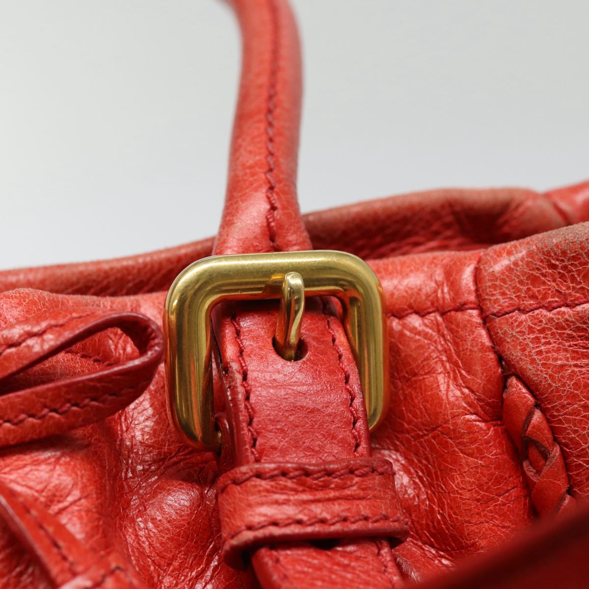 PRADA Hand Bag Leather Red Gold Auth bs17684